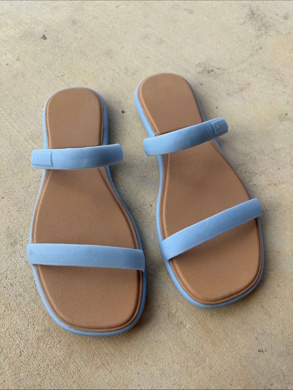 Reef Light Blue Double-Strap Slide Sandals with Tan Footbed